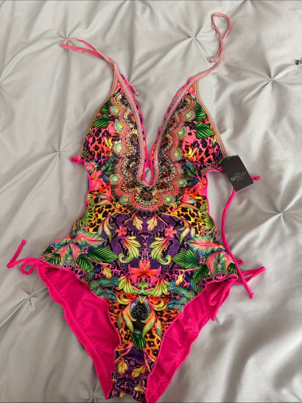 Bright Pink Tropical Print One-Piece Swimsuit - Picture 8 of 10